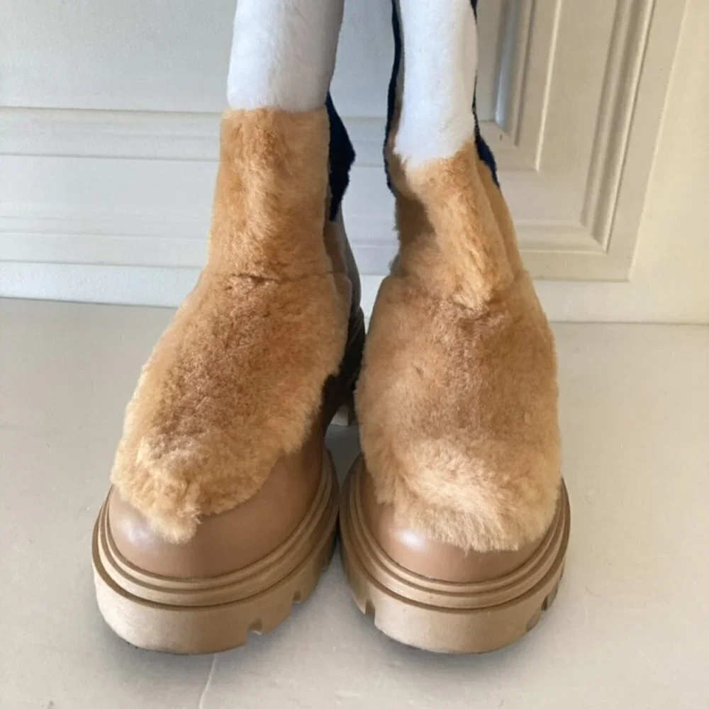 Free People Happy Thoughts Neutral Colorblock Shearling Boots Sz 38.5